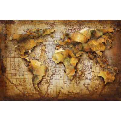 wereldkaart schilderij metaal 3D oranje warm 120x80 cm