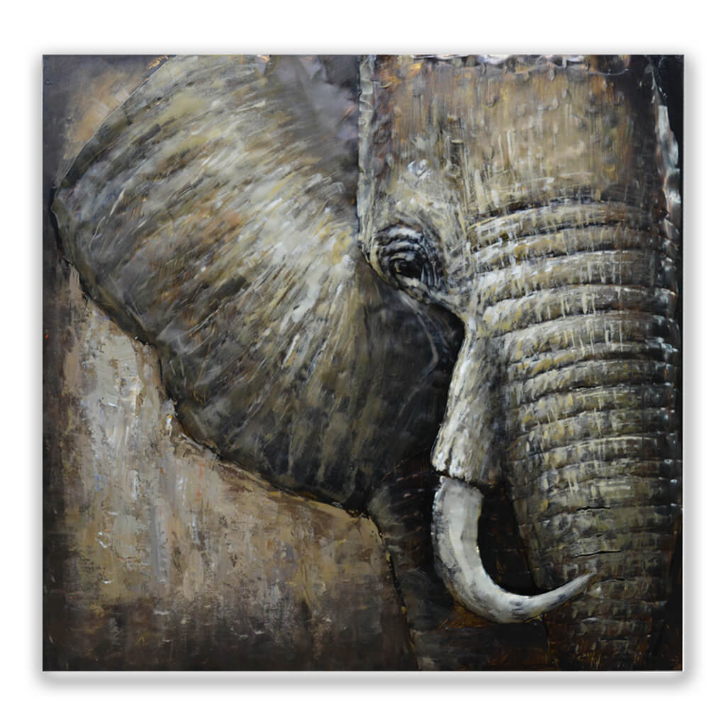 schilderij van metaal 3D olifant donker grijs/bruin/antraciet