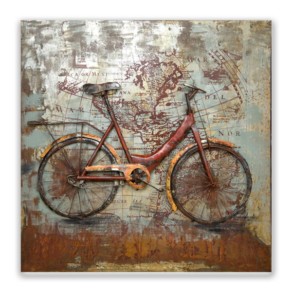 schilderij 3D wereldkaart fiets rood bruin 3d effect