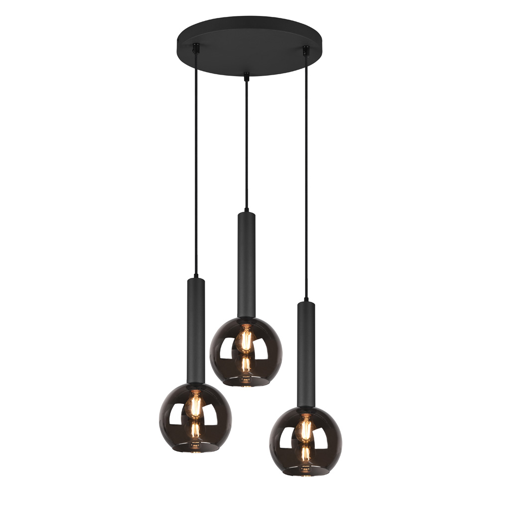 hanglamp 3 lichts rond rookglas