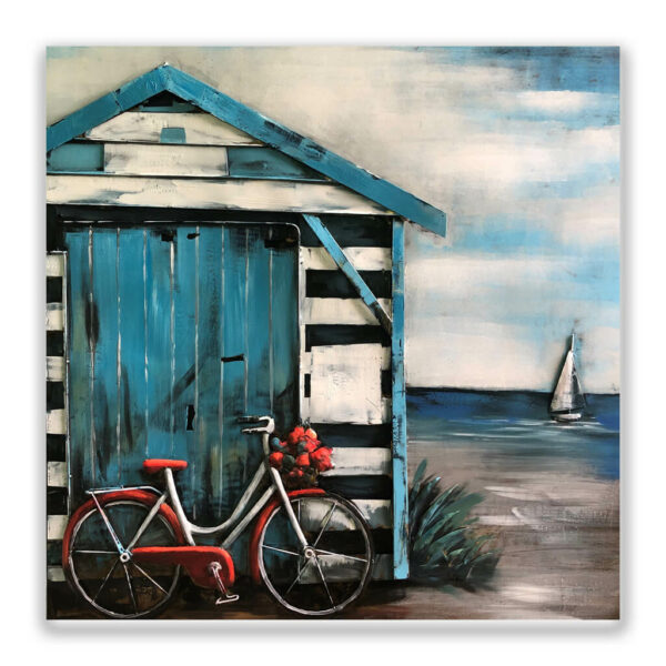 schilderij zee strand egmond blauw beach fiets metaal