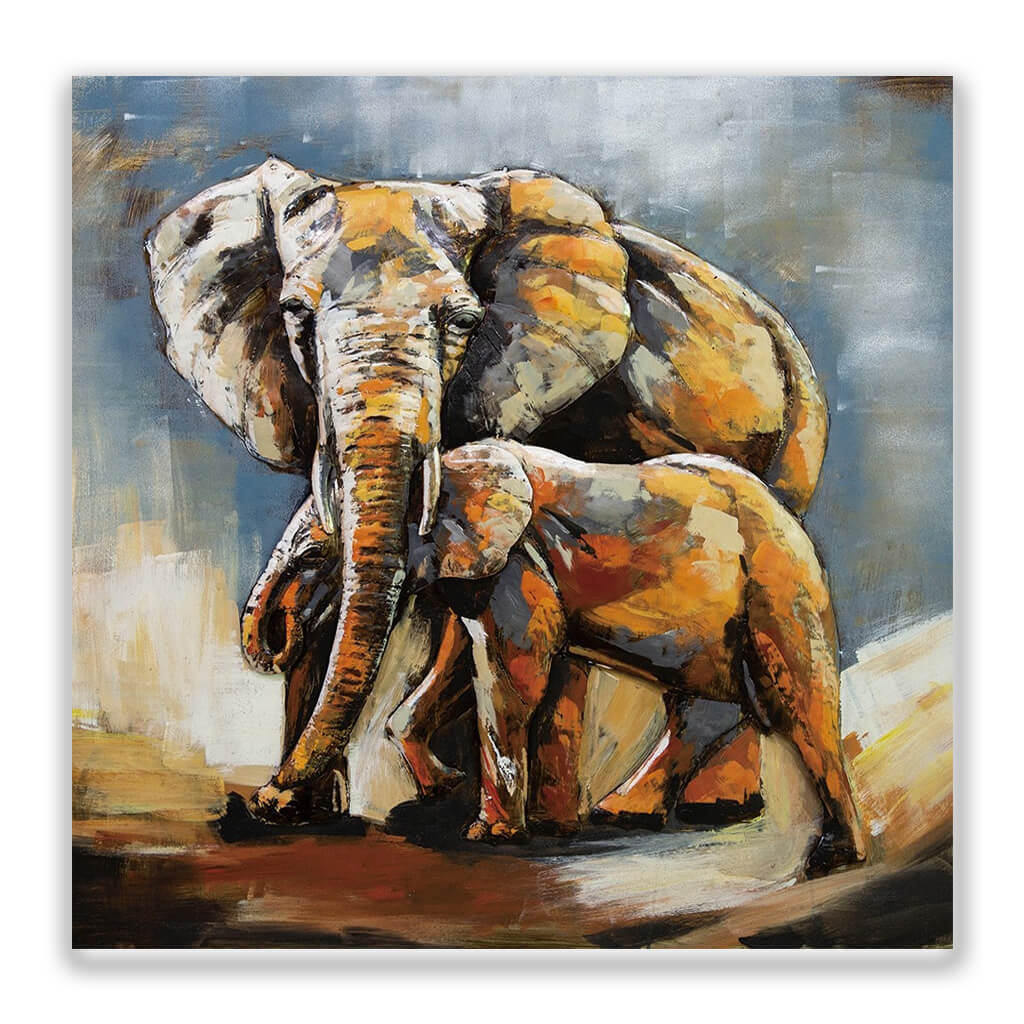 schilderij 100x100 olifanten kleuren warm