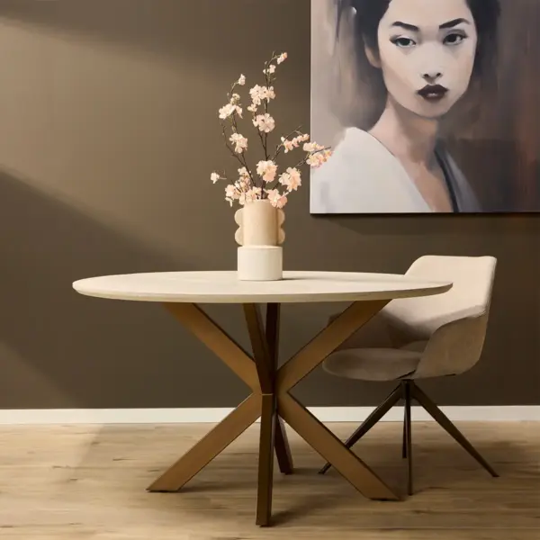 eettafel rond madison japandi beige zand bronzen poot 110 rond