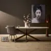 eetkamertafel deens ovaal zand kleur madison beige brons onderstel.