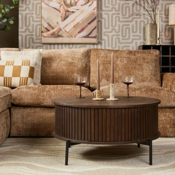 salontafel madison brown rond, ronde salontafel met lade.
