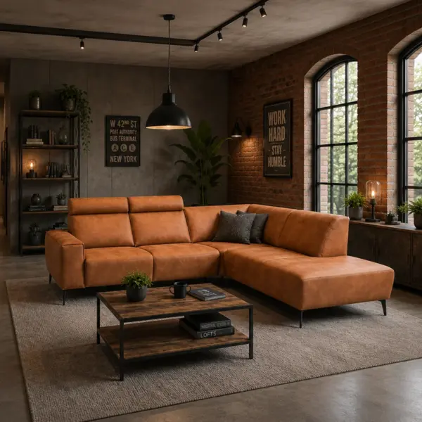 hoekbank met relaxfunctie elektrisch 2 relaxfuncties hoofdsteunen cognac bruin op pootjes